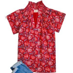 Rungolee Kiki Floral Block Print Pop Over Blouse Red/Pink Size XS